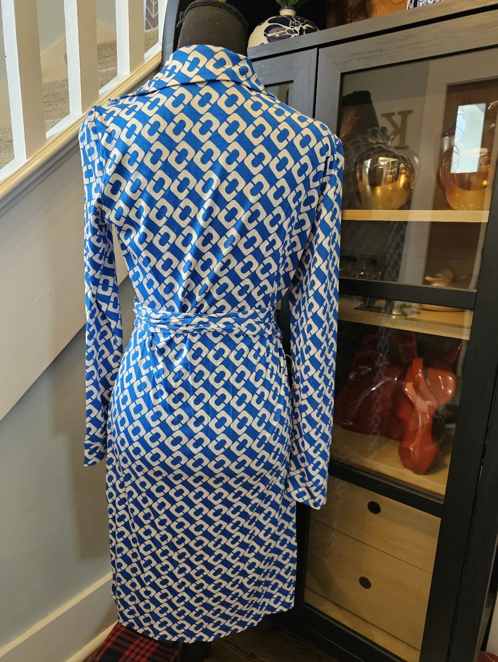 Diane Von Furstenberg Blue & White Geometric Wrap Dress - Picture 3 of 7